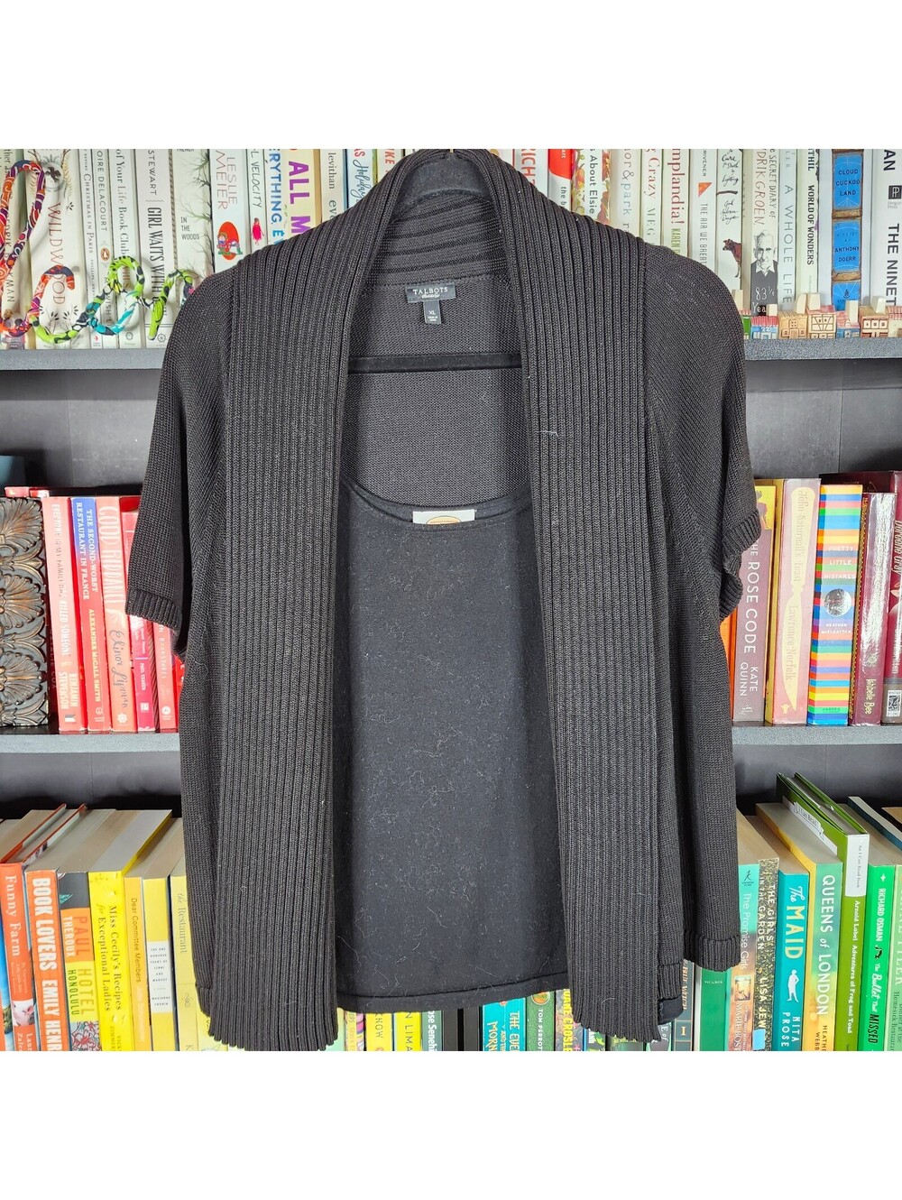 Talbots Black Ribbed Open Front Cardigan & Tank Set XL Mercerized Cotton Sweater